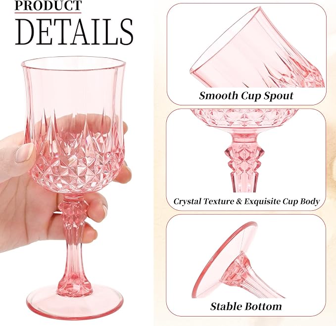 48Pack Pink Plastic Wine Glasses,Vintage Plastic Goblets for Parties, Light Pink Drinking Glasses Crystal Water Goblets Reusable for Wedding Reception, Grand Event Party Supplies