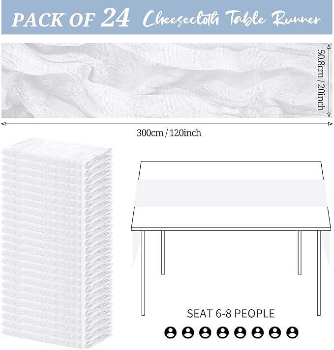 24 Pack Cheesecloth Table Runner 20 x 120 inch Cheese Cloth Table Runner Bulk,Romantic Boho Sheer Gauze Fabric Table Runners for Wedding Reception,Party,Bridal Shower Table Decor(White)