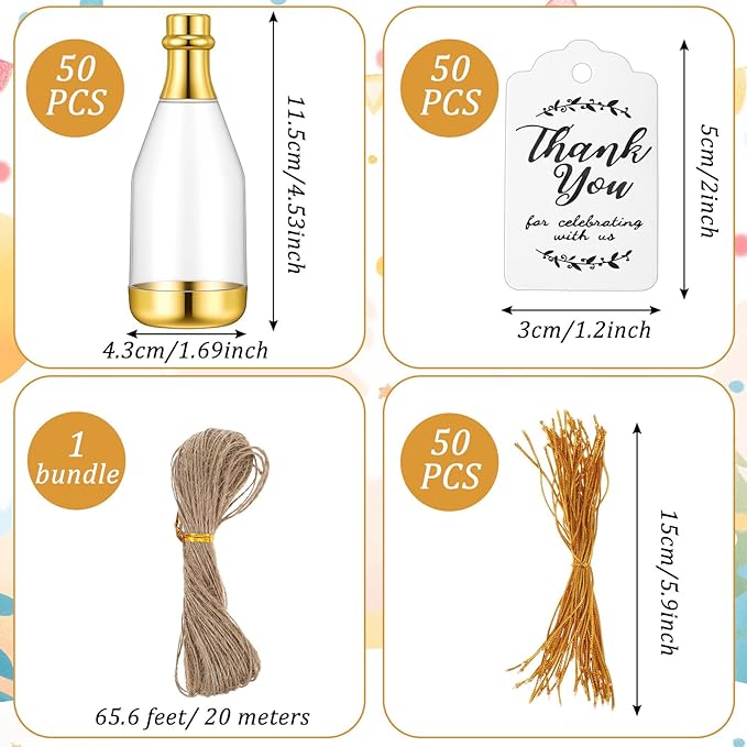 50 Pcs Mini Champagne Bottles, Gold Plastic DIY Small Champagne Candy Bottles Bulk with Gift Tags Gold Strings and 65 ft Rope, Mini Bottle Containers for Wedding Party Favor Baby Shower Birthday