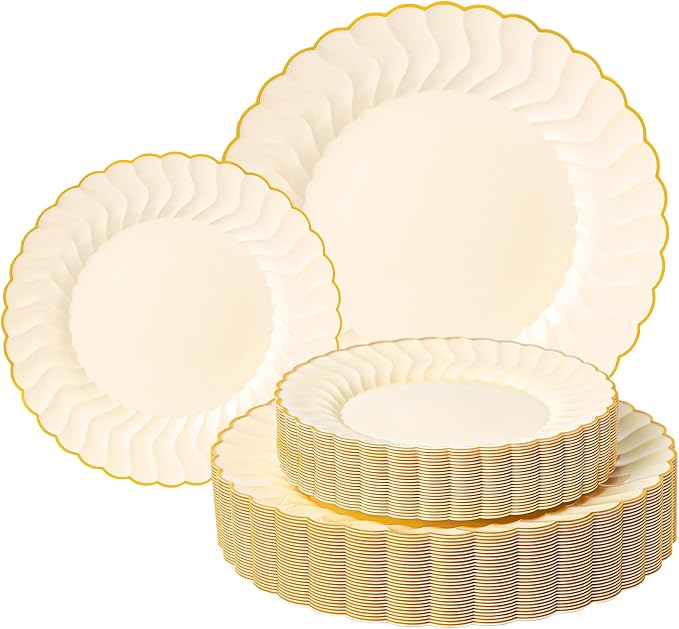 Lullaby 60PCS Light Yellow Scalloped Plastic Plates, Disposable Elegant Plates Include 30pcs Dinner Plate 10.25", 30pcs Plastic Dessert Plate 7.5", Perfect for Wedding and Party