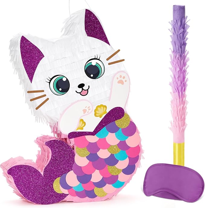 WERNNSAI Cat Piñata - Kitten Mermaid Birthday Party Decorations Kids Mermaid Piñata with Blindfold and Bat for Girls Summer Under the Sea Birthday Party Supplies Game Set
