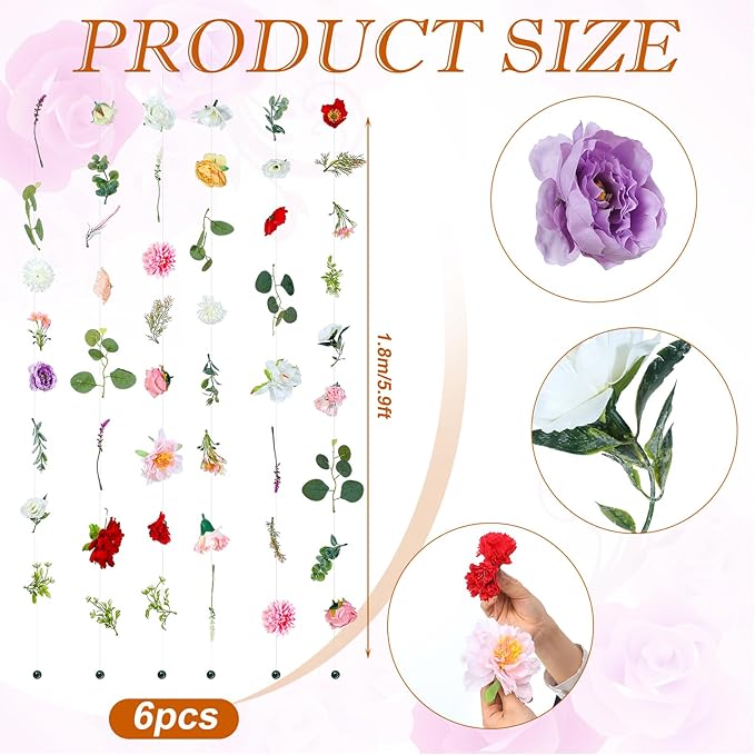 XunYee 6 Pcs 35.4 ft Flower Garlands Artificial Wildflower Vines Floral Hanging Backdrop Fake Flower Garlands Faux Silk Wildflower Vine for Wedding Bridal Shower Home Garden Wall Arch Decor(Floral)