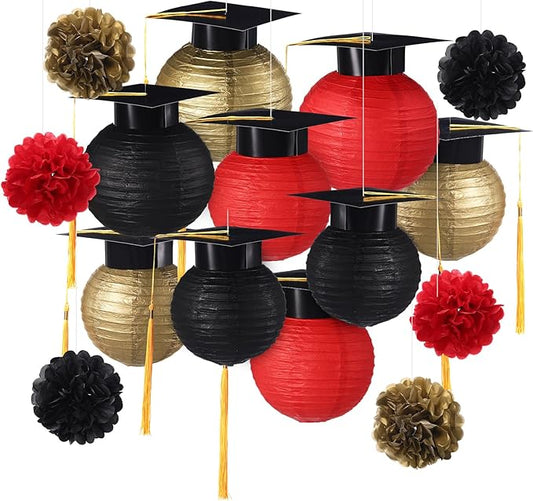 Gilprop 15 Pcs Red and Gold Graduation Decoration 2026 Paper Lanterns Graduation Party Decorations Hanging Round Paper Lanterns with Black Grad Hat Tassel for Congratulation Grad Decorations