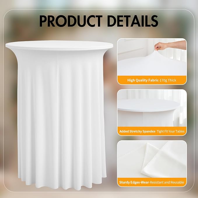 2 pk White Cocktail Table Cloth Round 32×43in-High Top Highboy Bar Cocktail Tablecloths-Wrinkle Free Stretchy Fitted Spandex Table Covers with Ruffle Desk Skirt for Wedding Banquet Party Tables