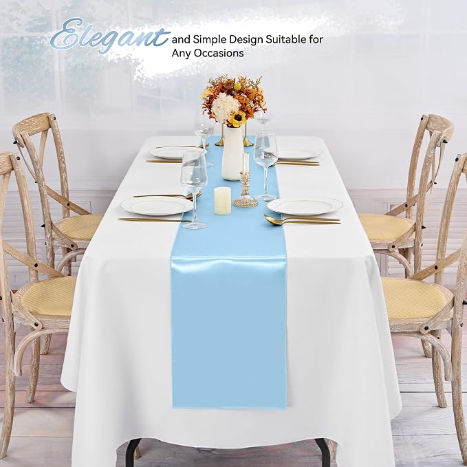 24 Pack Light Blue Satin Table Runners 12 x 108 Inch Long Sky Blue Table Runners for Rectangle Round Tables, Smooth Satin Table Runner for Wedding,Birthday Party Banquets Engagements Decoration