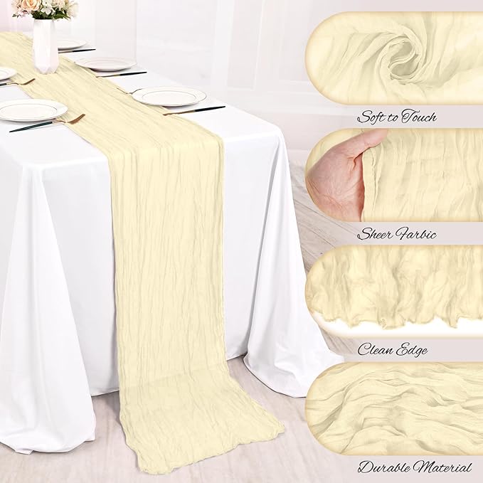 8 Pack Ivory Cheesecloth Table Runner 10FT Boho Gauze Cheese Cloth Table Runner Rustic Sheer Fabric Table Runners for Wedding Bridal Shower Baby Shower Party(21.5×120 Inch)