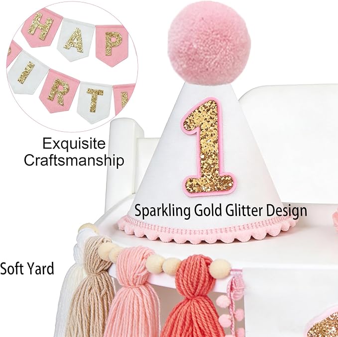 First Birthday Decorations For Girl- Felt Happy Birthday Banner Pink Gold 1st Birthday High Chair Decorations,Birthday Topper Party Hat,Boho Pink Gold 1st Birthday Party Supplies For Girl