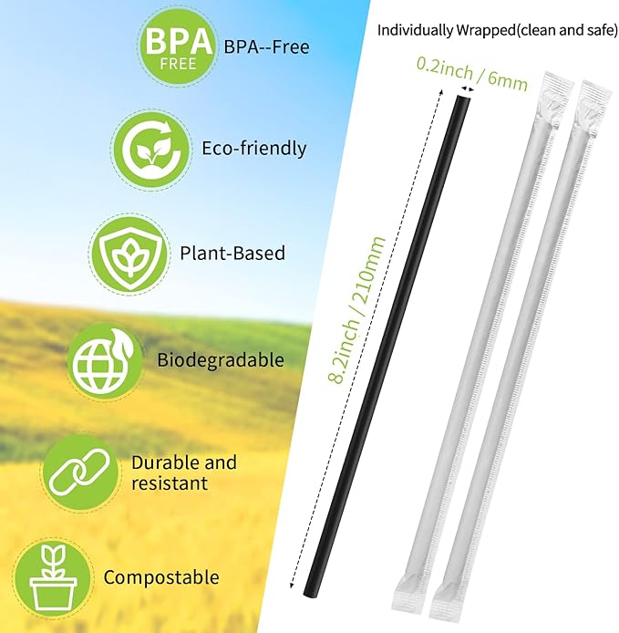 [100 Pcs] Biodegradable Compostable Individually Wrapped Straws - PLA Disposable Plant Based Black Straws (8.25" LongX0.23" Wide)