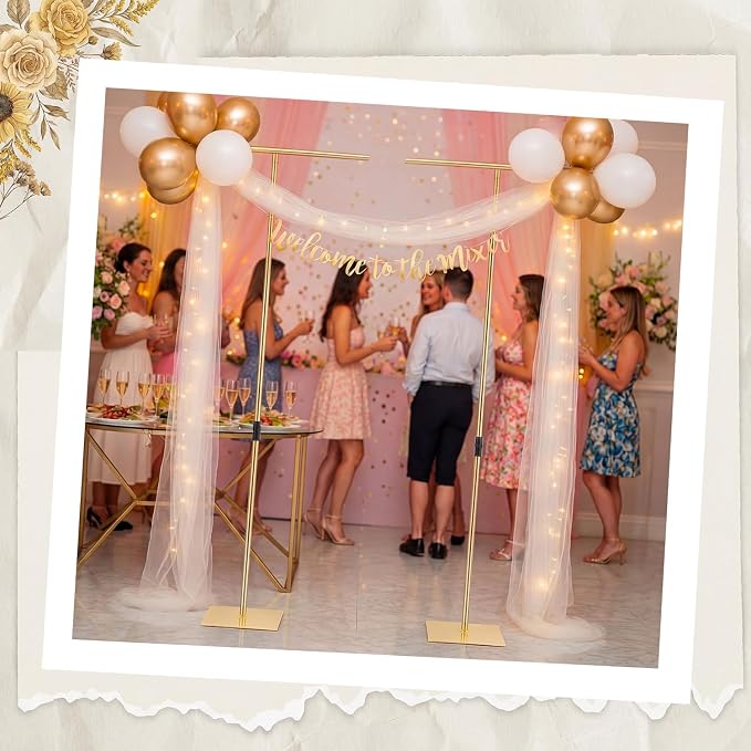Novabright 2pcs Adjustable Backdrop Stand, 3.2FT to 8FT Heavy Duty Metal Background Frame with Stable Base, Gold Stand for Wedding, Birthday, Photo Booth, Events Decorations