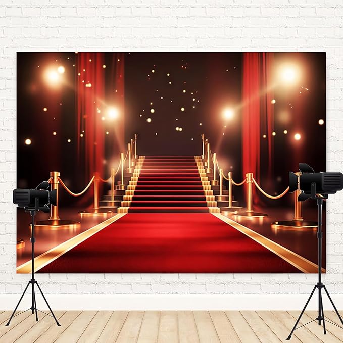 15x8ft Red Carpet Backdrop Golden Red Curtain Photography Background Glitter Dots Stairway Movie Premiere Award Ceremony Catwalks Stage Banner Decorations Kids Portrait Photo Booth Prop