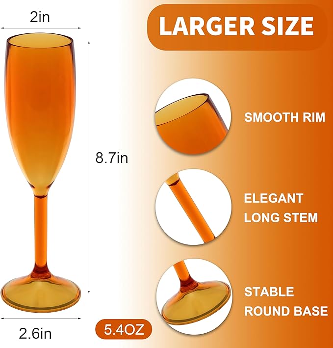 Champagne Flutes 5.4OZ Plastic Champagne Glasses Wine Glasses 24Pcs Plastic Goblets for Parties Mimosa Bar Glasses Stemmed Drinking Cups for Wedding Celebration Christmas Birthday Bride (Amber)