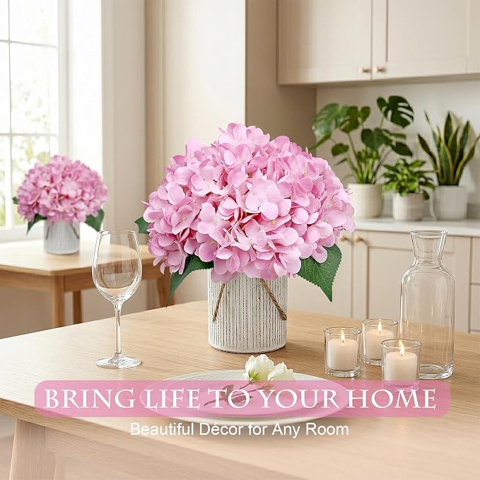 Flower Table Centerpieces - Set of 6 Floral Arrangement Artificial Wedding Hydrangeas Floral Arrangement with Rustic Metal Vase for Bridal Tea Party Event Decorations - Blush Pink