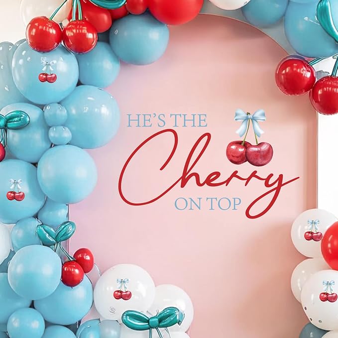 She’s The Cherry On Top Baby Shower Decorations - She’s The Cherry On Top Sign, Cherry Decal for Balloons Arch Backdrop, Blue First Birthday Decorations for Boys, 1St Party Supplies Banner for Boys