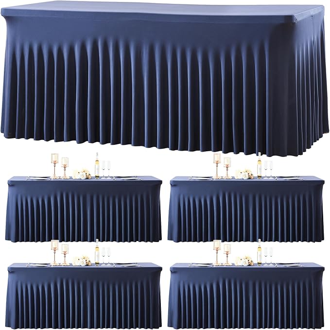 gogoparti 4 Pack Spandex Navy Blue Fitted Table Cloth for 6ft Rectangle Tables Navy Blue Stretch Tablecloth Banquet Table Covers Skirt Wrinkle Free Tablecloths for Parties Wedding