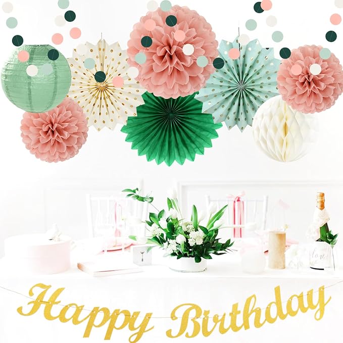 Champagne-Gold Beige Fall Boho Birthday Party-Decorations and Sage-Green Pink-Gold Boho-Rustic Birthday Party-Decorations