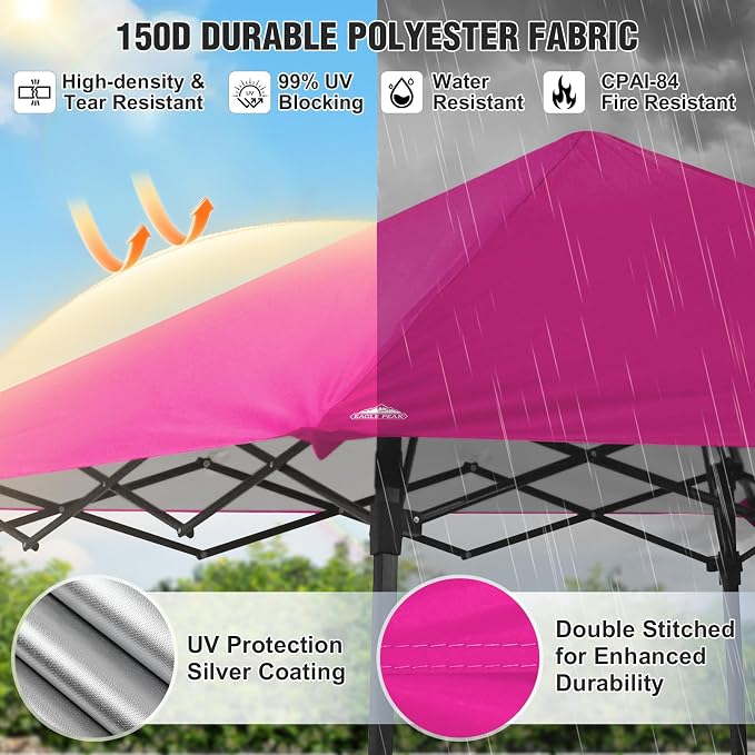 EAGLE PEAK 8x8 Pop Up Canopy Tent with Extended Eaves & Sidewall, Compact, Portable, Easy Setup Slant Leg Instant Shelter for Beach, Sports, & Camping, 8x8 Base 7x7 Top, Pink