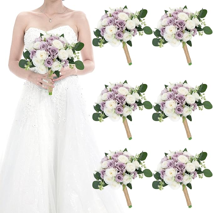 Set of 6 Bridesmaid Bouquets for Wedding - 7 Inch Artificial Ivory Flower Bouquet for Party Ceremony Anniversary Dinning Table Centerpieces Decor - Lilac & White