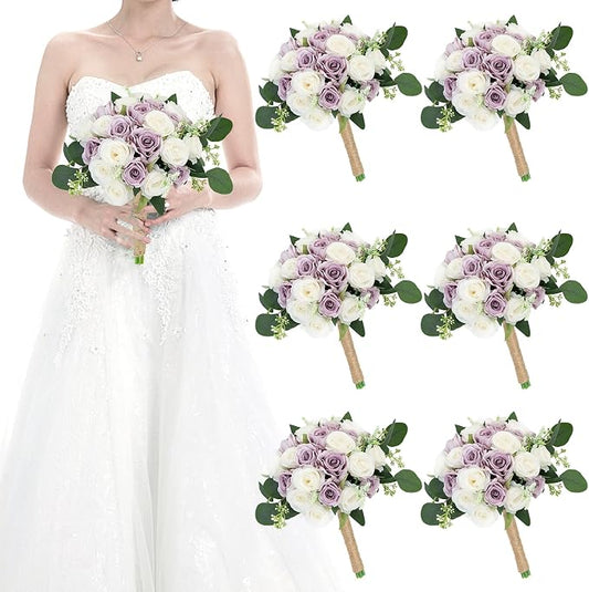Set of 6 Bridesmaid Bouquets for Wedding - 7 Inch Artificial Ivory Flower Bouquet for Party Ceremony Anniversary Dinning Table Centerpieces Decor - Lilac & White