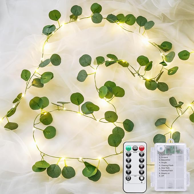 JMEXSUSS 33 FT 100 LED Eucalyptus Vine Fairy Lights, Vines with Lights Battery Operated with Remote, Eucalyptus Leaf Light Garland Indoor Outdoor for Bedroom Wall Classroom Party Decor(Warm White)