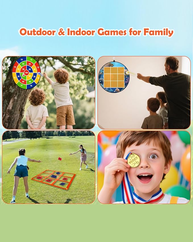 2-in-1 Outdoor Giant Tic Tac Toe Bean Bag Toss Games, Tic Tac Toe Ball Toss Game and Dart Board Games with Sticky Balls for Kids Adults Large Lawn Carnival Yard Birthday Family Outside Party Games