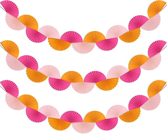 3 Pack Red Pink Orange Party Decorations Paper Fans Garland 15.6ft Background Ceiling Hanging Decorations for Sunset Soiree Wedding Birthday 3D Bachelorette Dawn Sunset Party Decoration