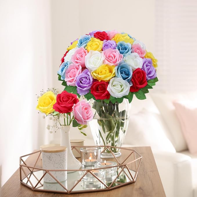 36 Pcs Mixed 6 Color Artificial Roses with Long Stems, Fake Silk Rose Artificial Flowers Bulk for Bridal Wedding Bouquet Centerpiece Ball Arrangement Party Decor
