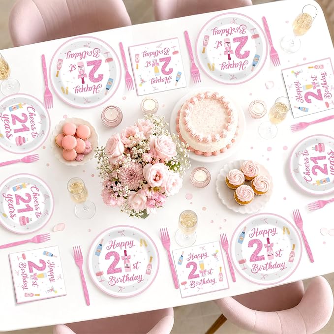 96PCS 21st Champagne Bottle Birthday Decorations Happy 21st Pink Champagne Tableware Set Cheers to 21 Years Paper Plates Napkins for Girls Martini Theme Twenty-One Party Supplies Serve 24 Guests