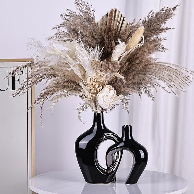 Black and Silver Hollow Ceramic Vase Set of 2, Modern Nordic Boho ins Style Aesthetic Decorative Flower Vase for Home Decor, Wedding, Living, Bedroom, Dining Table, Shelf, Mantle, Office Decor