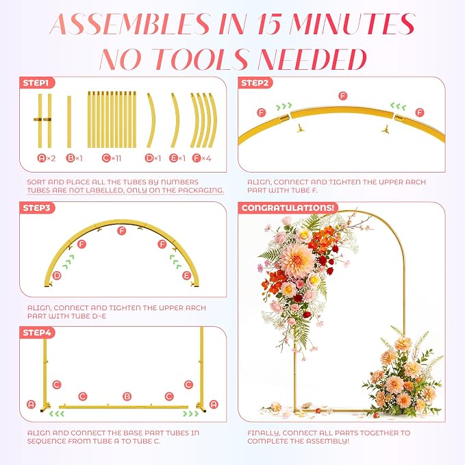 Toolterritary 8 FT Wedding Arch Backdrop Stand, Stable Heavy Duty Metal Wedding Arch Frame for Ceremony, Reinforced Balloon Arch Stand for Birthday Party & Baby Shower, Gold