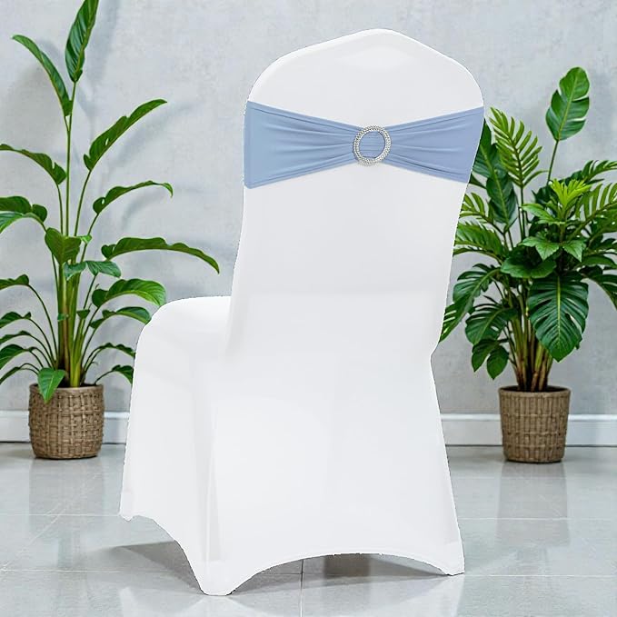 VDS - Baby Blue | Spandex Chair Sashes Bows | 75 PCS | Stretch Elastic Banquet Universal Folding Chair Band Tie with Silver Buckle Slider for Wedding Party Conference Celebration Event Decoration