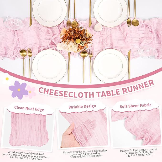 6 Pack Cheesecloth Table Runner,Light Pink Table Runner Long Romantic Semi Sheer Rustic Boho Gauze Table Runners for Wedding Bridal Shower Birthday Party Decorations(17.7×108 Inch)
