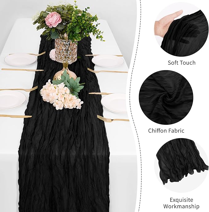 12 Pack Black Cheesecloth Table Runner 17 x 108 Inch Gauze Table Runner Fabric Semi Sheer Cheese Cloth Table Decoration Bulk for Rustic Romantic Wedding Baby Shower Table Decoration