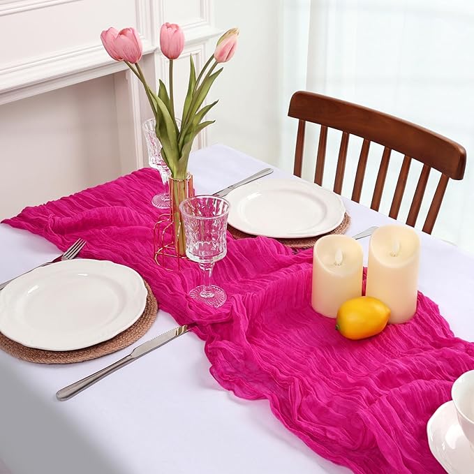 16 Pack Hot Pink Cheesecloth Table Runner 10ft Boho Gauze Fabric 120 Inch Cheese Cloth Table Runner Rustic Sheer for Holiday Baby Shower Party Décor Home Wedding Decoration