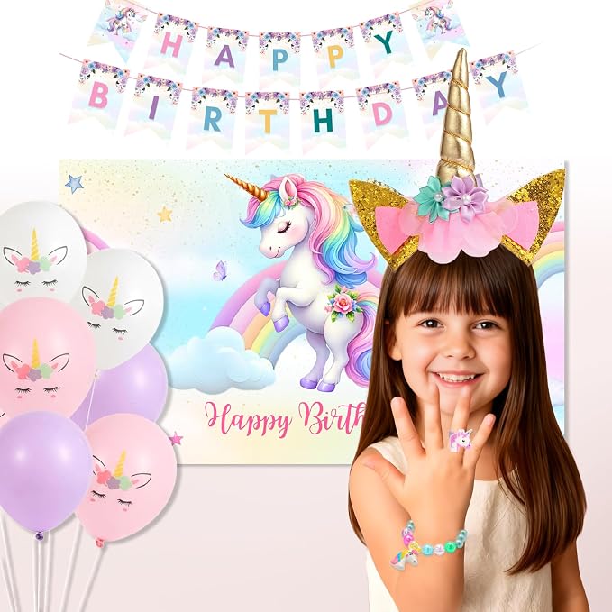 191 Pc Unicorn Birthday Decorations for Girls – Complete Unicorn Party Decorations Supplies Kit with Backdrop, Banner, Plates, Napkins, Balloons, Headband, Tablecloth – Rainbow Party For Kids