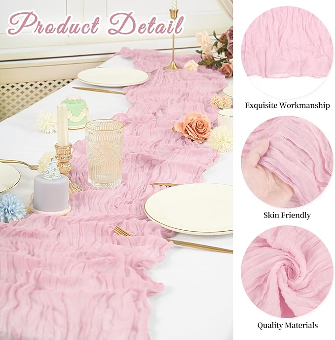 20 Pack Cheesecloth Table Runner 17 x 108 inch Long Boho Gauze Table Runners Semi Sheer Table Runner for Wedding Decor, Baby Shower, Birthday Party, Banquet (Light Pink)