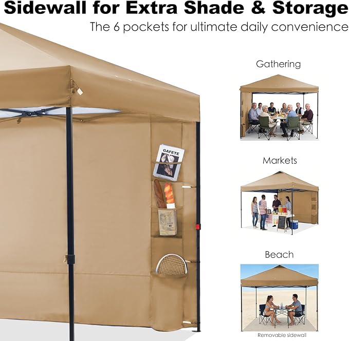 GAFETE 10×10 Pop Up Canopy Tent with 1 Pockets Sidewall, Easy up Sun Shade with One Push Setup, Portable Instant Outdoor Canopy Tent for Events Parties Camping with Carrying Bag (Sand, 10x10 FT)