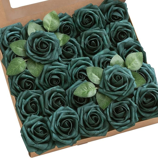 Ling's moment Artificial Flowers 50Pcs Peacock Green Roses Decor w/Stems,3" DIY Foam Floral for Wedding Bouquet/Centerpieces, Outdoors Party Backdrop, Room/Table, and Garden/Pot Decorations
