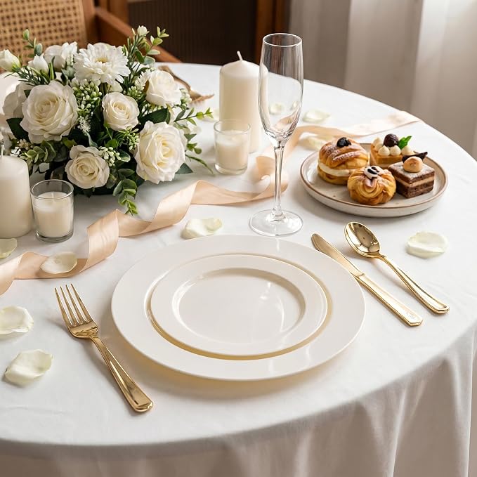 I00000 200 Pcs Ivory Plastic Plates, Disposable Party Plates Include 100 Ivory Dinner Plate 10’’ and 100 Plastic Dessert Plate 7’’ Perfect for Birthday, Party & Wedding