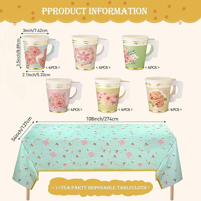 Yungyan 97 Pcs 24 Guests Tea Birthday Party Supplies Disposable Tableware Set 9 oz Paper Tea Cups with Handle 7" 9" Paper Plates Napkin Tablecloth for Floral Party Wedding Baby Shower (Classic Style)