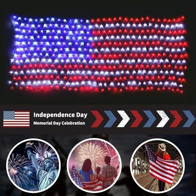 Solar American Flag Lights Outdoor420 LEDs US Flag Net Lights 6.5 x 3.28 Ft | Solar Flag Lights with Remote Dimmable Timer 8 Lights Modes for Independence/National/Memorial Day July 4th