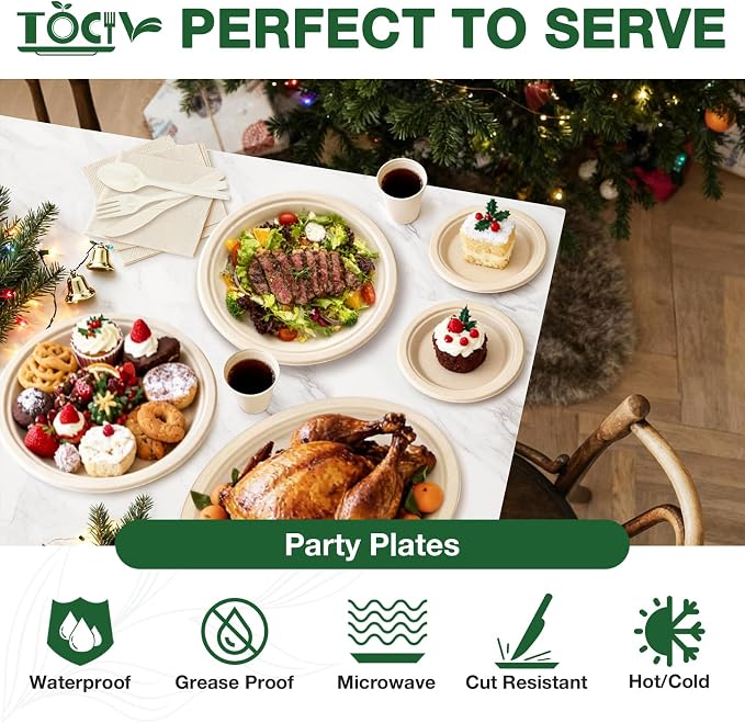 350PCS Compostable Paper Plates and Napkins Cups 10 & 7 Inch Disposable Heavy Duty Dinner Dessert Sturdy Plates and Utensils (Serve 50) Party Supplies Eco-friendly Dinnerware Set for Birthday Holiday