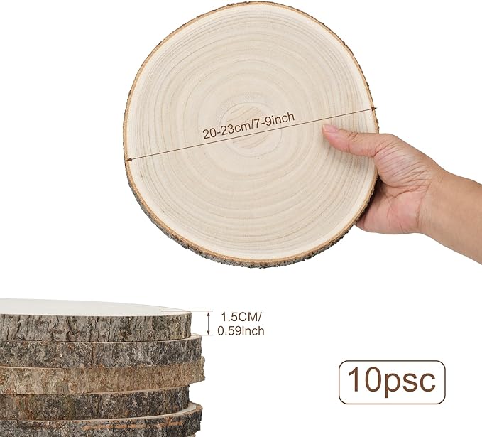 10Pack Unfinished Wood Slices 9 Inches - Natural Wood Rounds with Bark for Centerpieces, Wedding Decor, Crafts, DIY Projects - Rustic Table Decor, Wood Burning, Painting, Holiday & Party Decoration