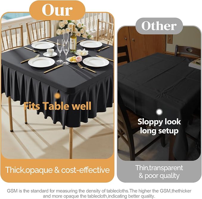 Wish Care Black Spandex Tablecloths for 60x60 Inch Square Tables, Stretch Fitted Table Clothes with Pleated Ruffle Skirt for 60” Table, Wrinkle Free and Elastic, for Party Kitchen Home Dining