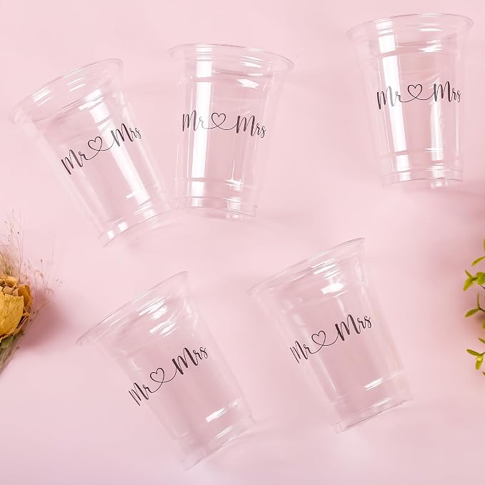 AimFun 50Pcs Mr and Mrs Plastic Cups Wedding Bridal Shower Disposable Party Cups Wedding Reception 12oz Clear Drinking Cup for Anniversary Birthday Party Supplies Decorations (50, Black)