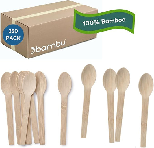Bambu Pack of 250 - Bamboo Spoons Disposable Set, Biodegradable Eco Friendly Products, Bamboo Utensils for Events, Compostable Cutlery - Bulk Case