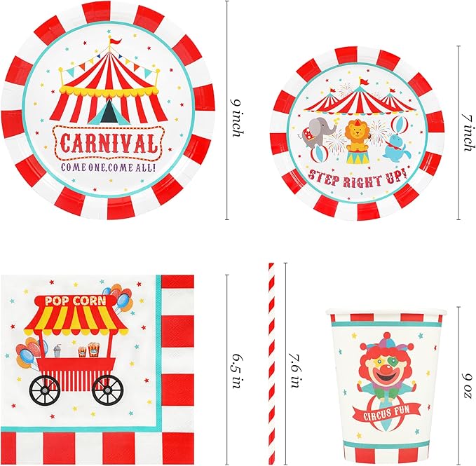 Recheel Carnival Party Supplies Decorations, Circus Theme Birthday Paper Plates and Napkins Set with Cups and Straws for 24 Guests, 120 Pcs Disposable Party Dessert Dinnerwares