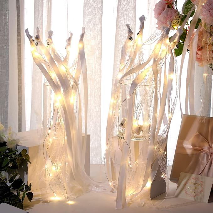 Unittype Light up Wand for Wedding Silk Streamer with Bell LED Fairy Ribbon Fairy Wand Glow in the Dark Flashing Lace Stick for Wedding Birthday Party Favor(48 Pieces,Ivory & Warm White LED)