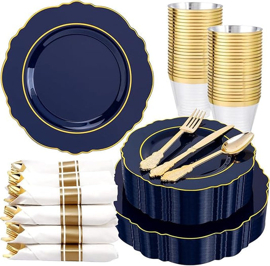 Liacere 175PCS Navy Blue Plastic Plates-Disposable Blue Gold - 25guest Baroque Plastic Dinnerware include 50Plates,25Pack Pre Rolled Napkins with Silverware 25Cups for Party&Graduation & Memorial Day