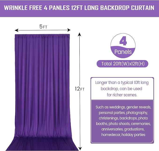 20ftx12ft Purple Backdrop Curtains for Wedding-Wrinkle Free Backdrops Curtain Drapes Fabric Decorations Photo Back Drop Cloth for Baby Shower Photography Stage Reception 4Panels 12ft(H) x 5ft(W)