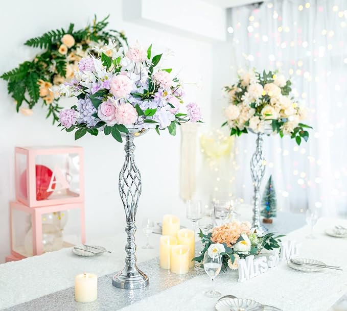 Silver Wedding Vases for Table Centerpieces - 2pcs of Twist Candleholder Stands, Elegant Floral Arrangement Vases, Metal Centerpieces for Reception Table Wedding Road-Leading Home Decor
